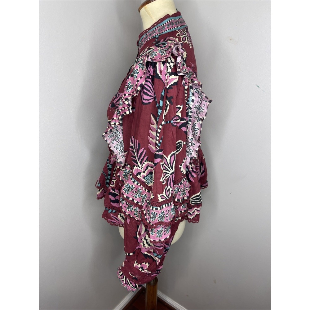 Farm Rio Womens Pineapple Inspiration Burgundy Ruffled Blouse Large - Picture 3 of 11